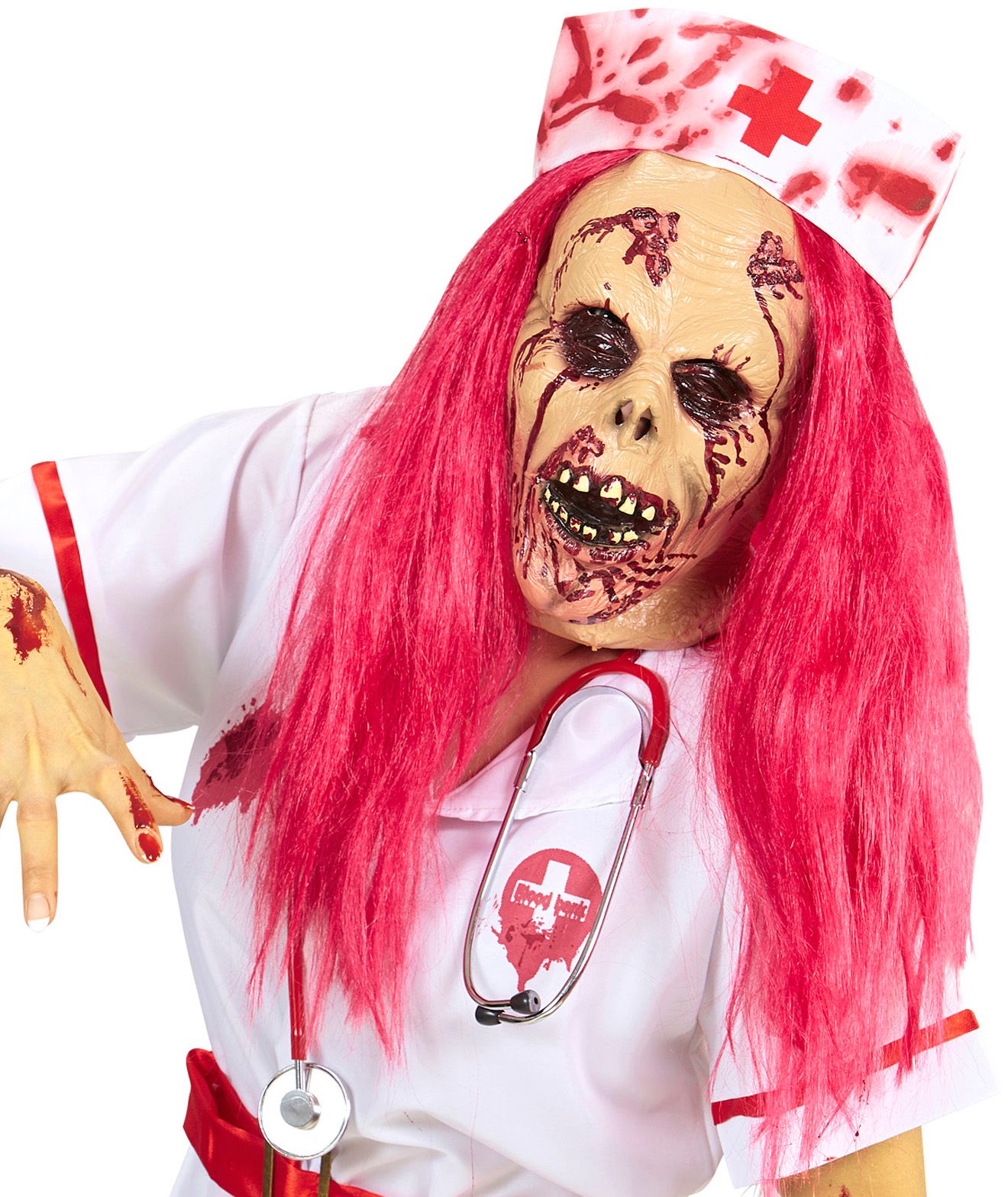 kaart functie Grap Zombie verpleegster masker met pruik | Feestkleding.nl