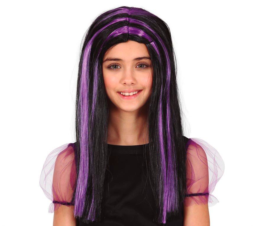 Zwart haar met paarse highlights pruik kind halloween