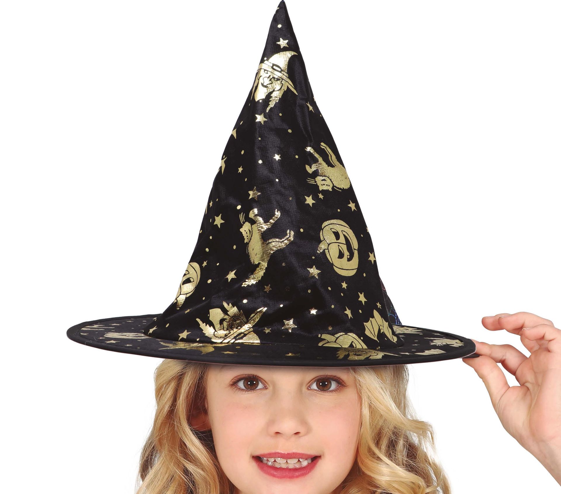 Zwarte heksenhoed met gouden halloween figuren kind