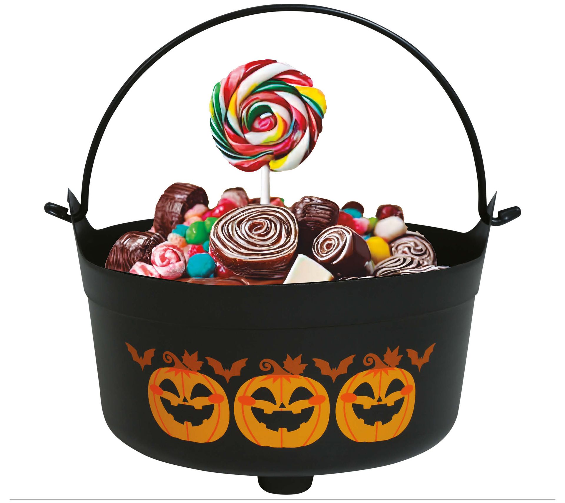 Zwarte pompoen snoepketel met hendel 24 x 23 x 15 cm halloween