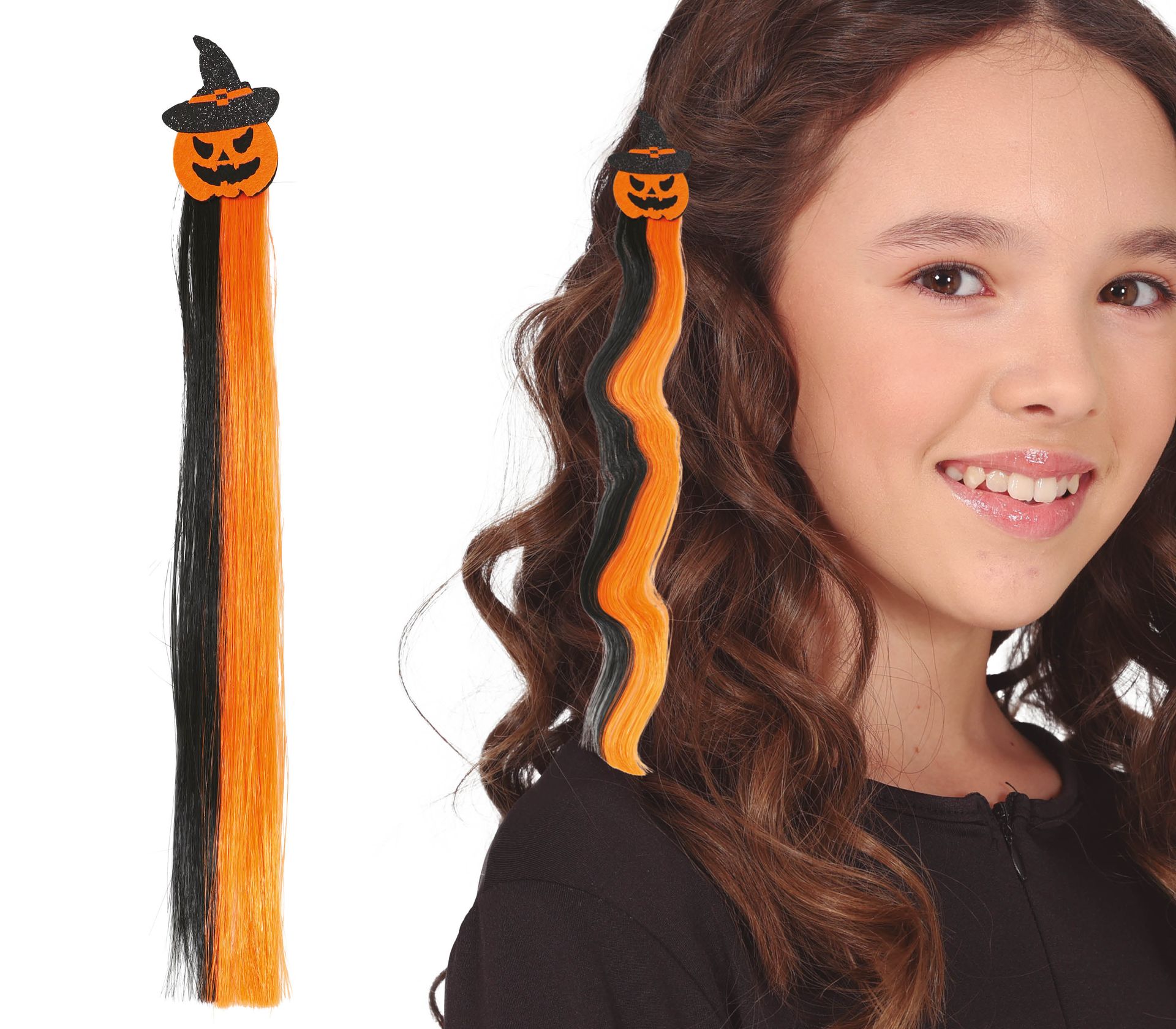 Zwart/oranje hair extension clip pompoen 40 cm halloween