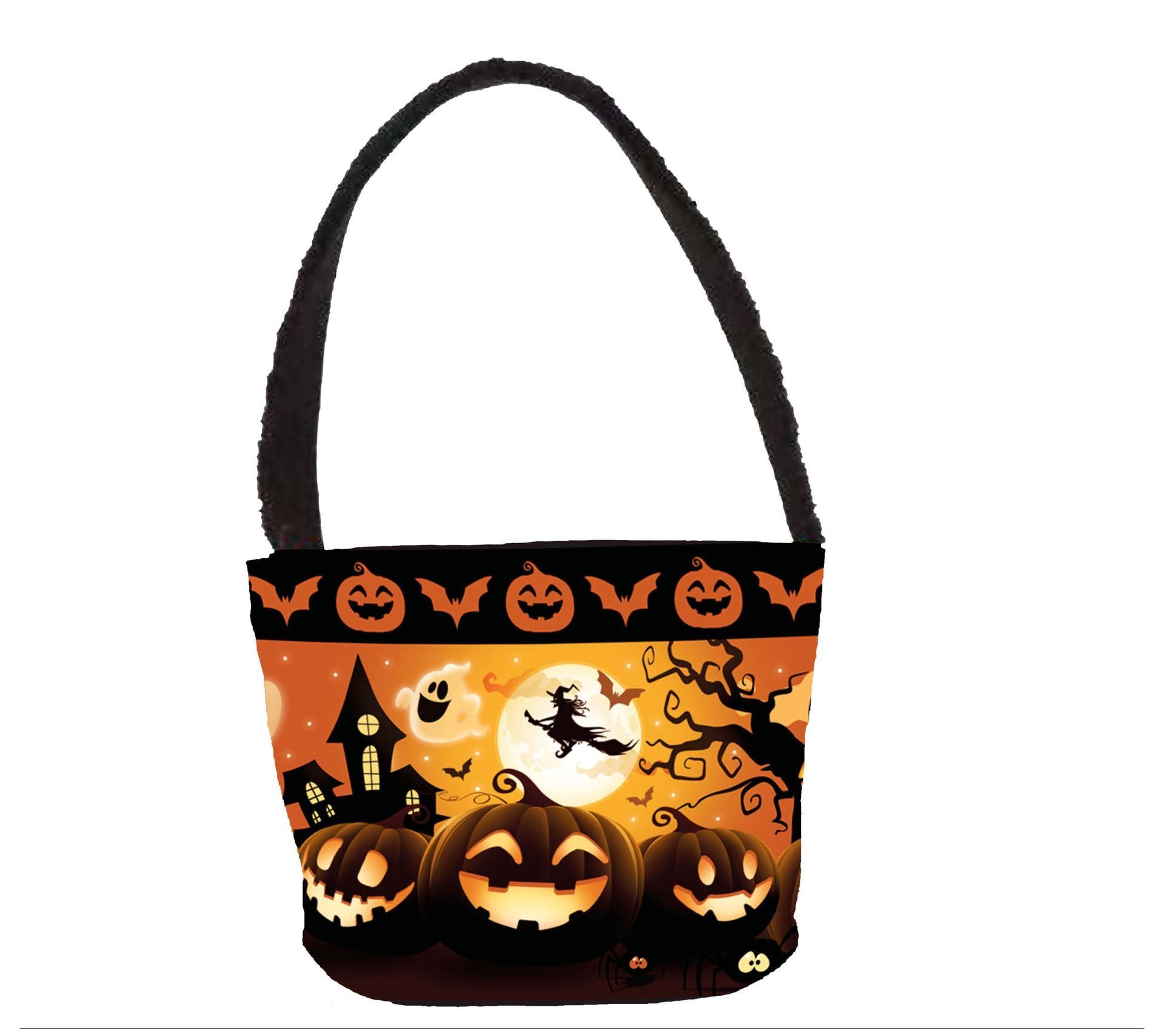 Zwart/oranje snoepemmer vrolijke pompoenen met hendel 30 x 15 cm halloween