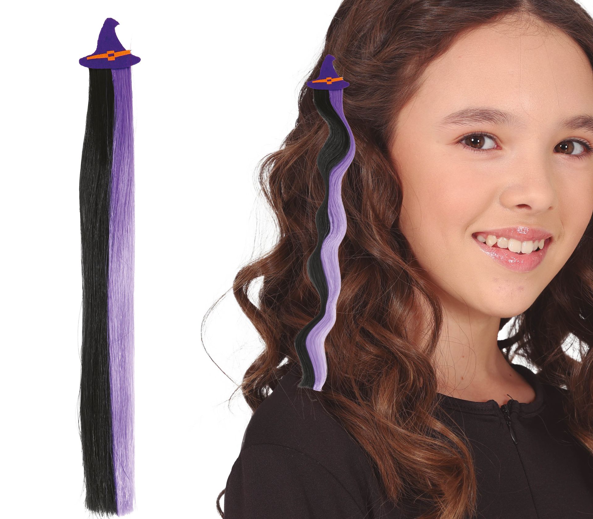 Zwart/paarse hair extension clip heksenhoed 40 cm halloween