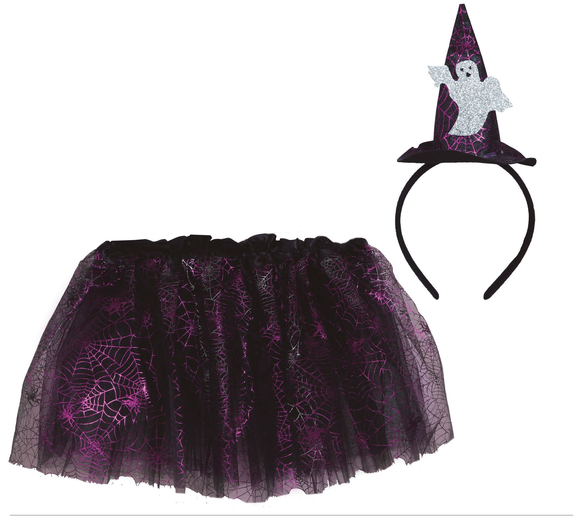 Zwart/paarse tutu met geestenhoed haarband kind 30 cm halloween