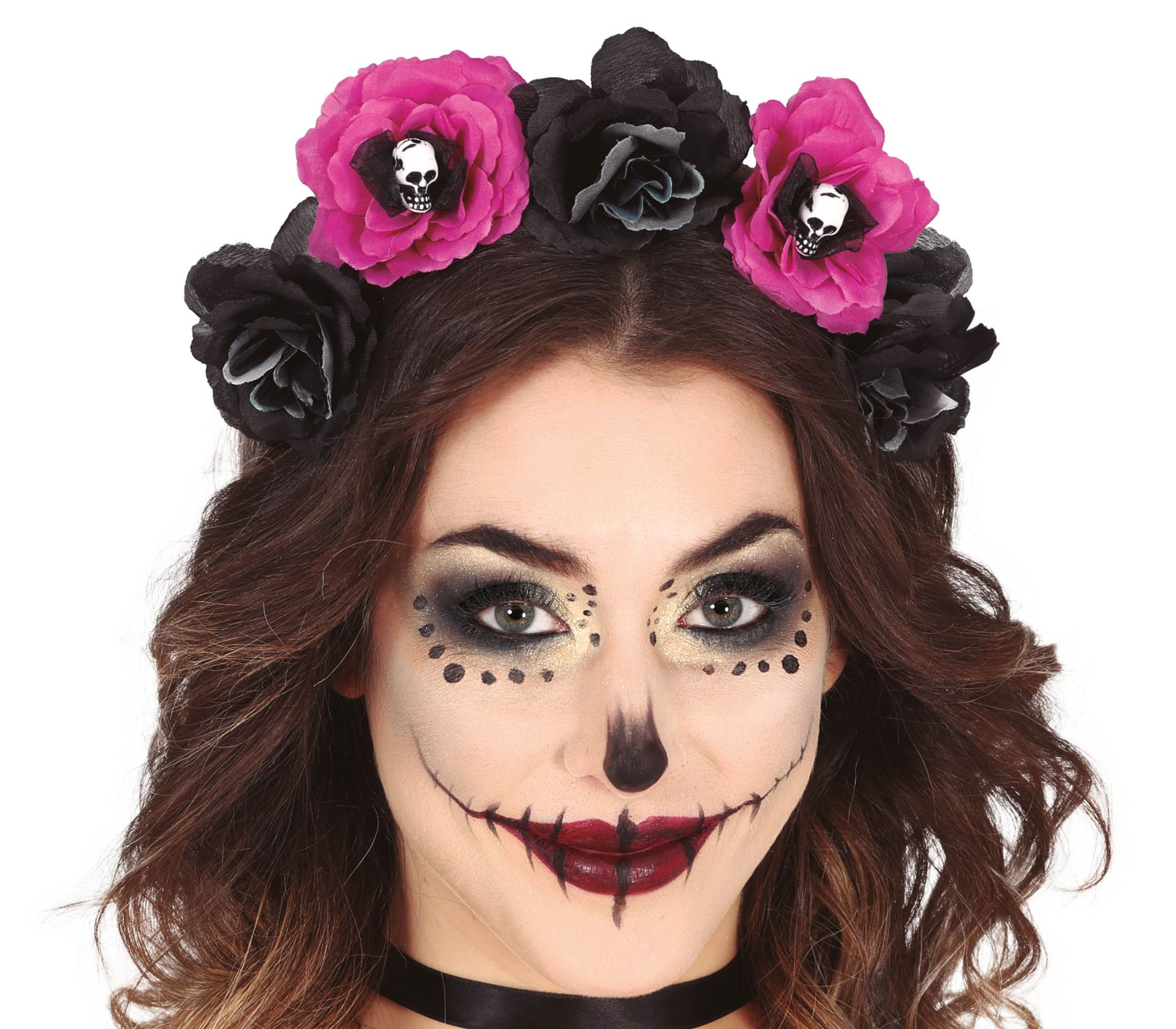 Zwart/roze bloemen Día de Muertos haarband